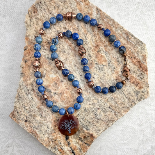 Necklace | Sodalite Gemstones | Tree of Life Coconut Pendant | Copper-plated Accents | 18"