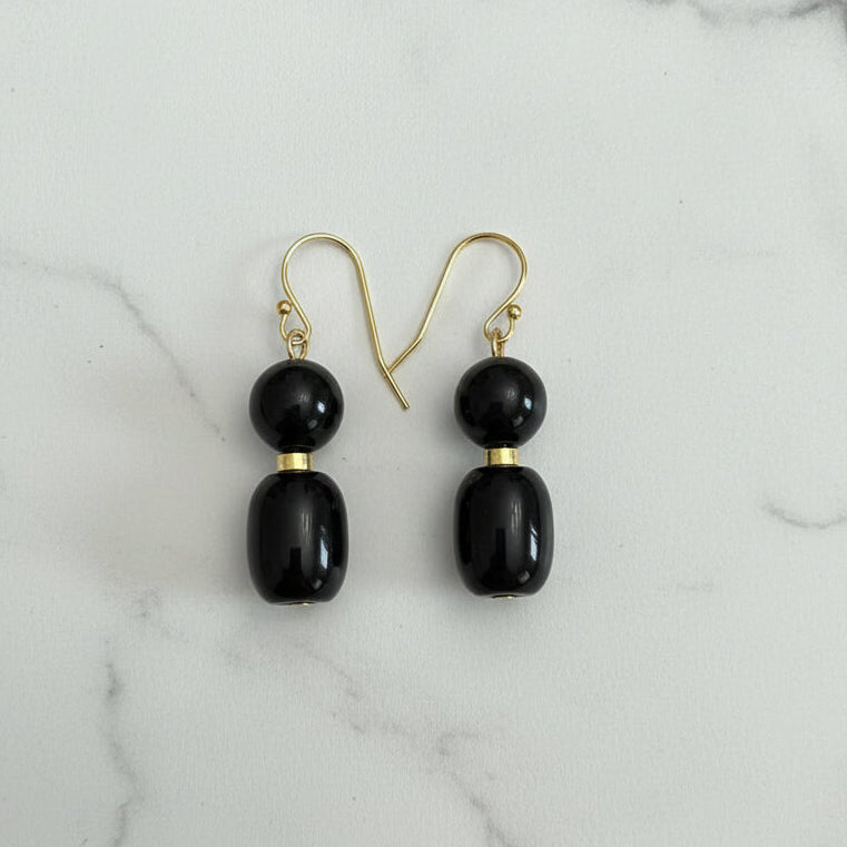 Earrings | Onyx Gemstones | 18K G-plated Discs | 1.5"