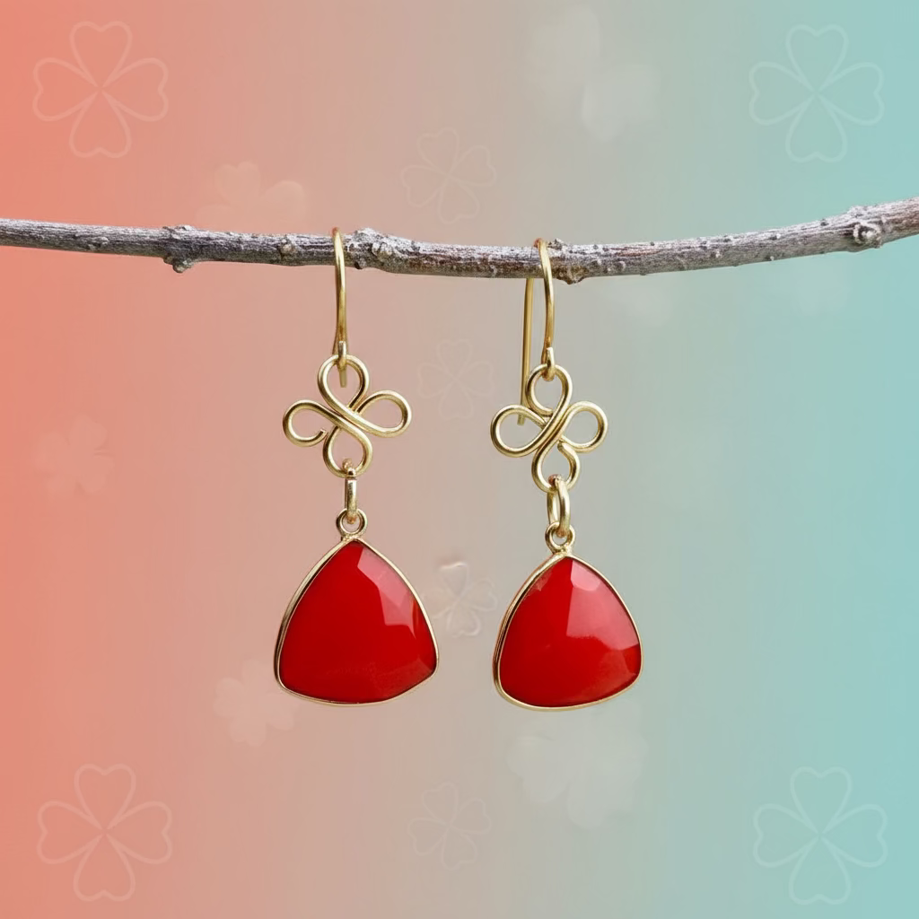 Earrings | Coral Gemstones with Gold-filled Bezels | Wire-Wrapped Clover Designs | 2"