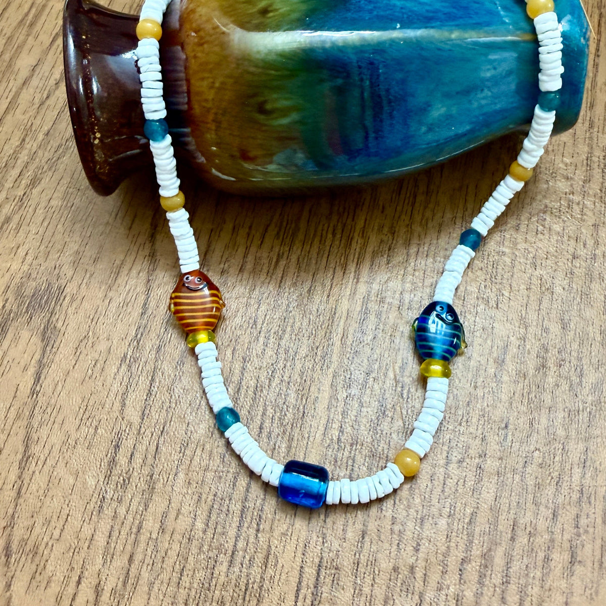Heishi Fish Necklace with Whimsical Glass Fish | 16" with 2" extension
