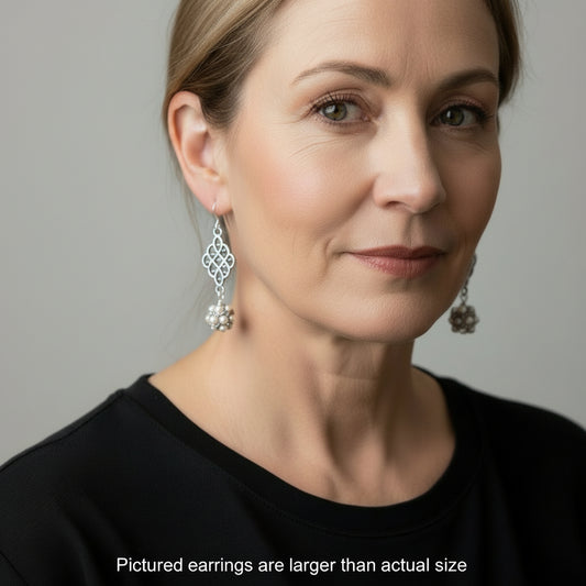 Earrings | Antique Silver Diamond Shaped Filagree | Multi-Pearl Beads | 2"