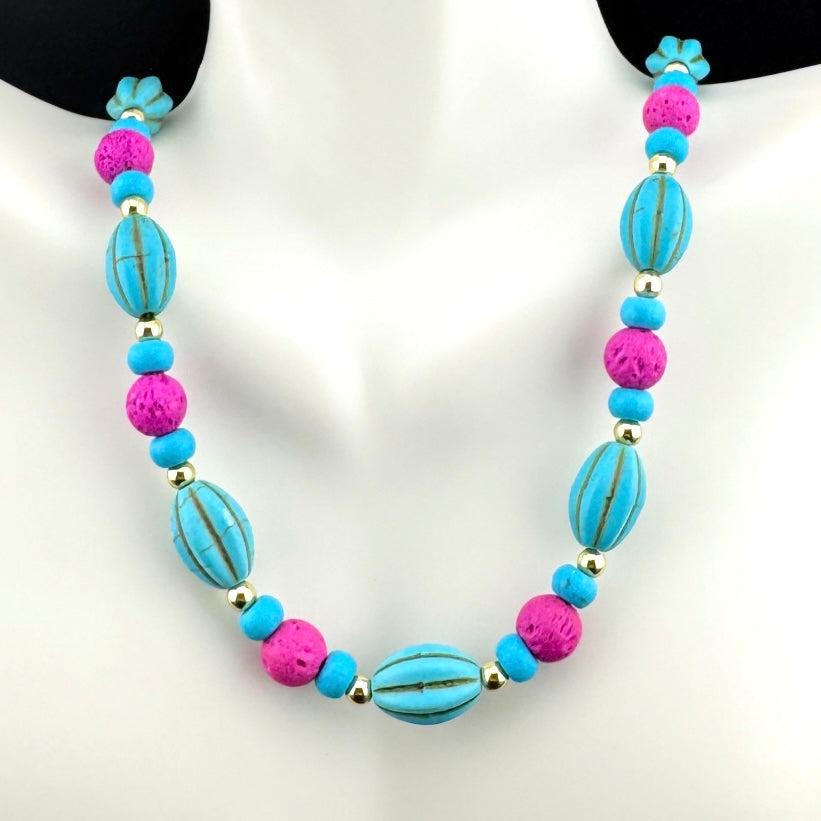 Turquoise Magnesite, Pink, and Gold Necklace 16”