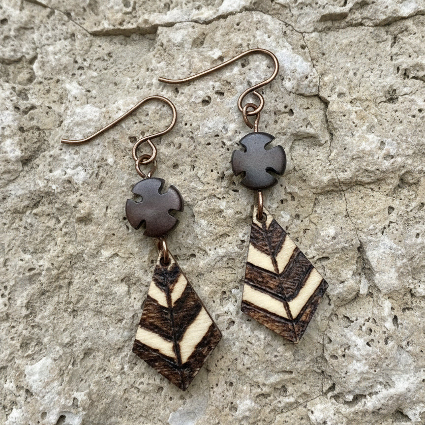 Earrings | Zentangle Diagonal Stripes | Woodburned | Small Size |