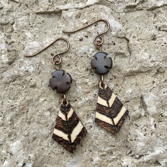 Earrings | Zentangle Diagonal Stripes | Woodburned | Small Size |