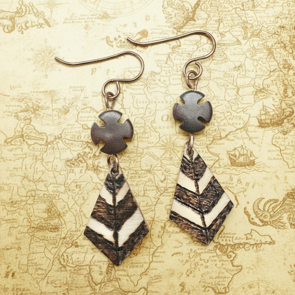 Earrings | Zentangle Diagonal Stripes | Woodburned | Small Size |