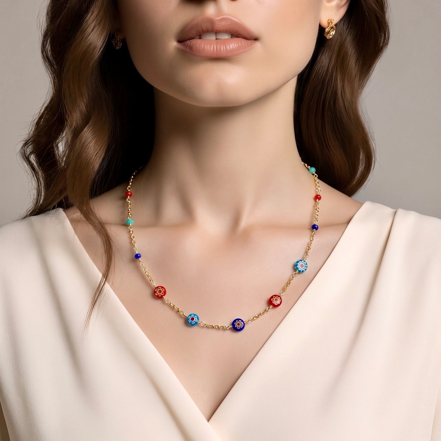 Dainty Millefiori Neckace 16" with 2" Extension
