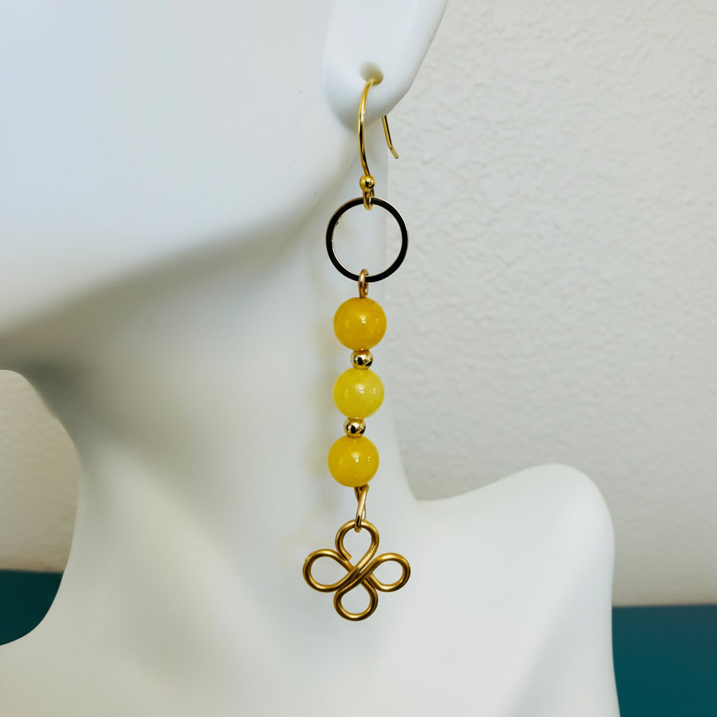 Yellow Jade Earrings with Hand-wrapped Clover Charm