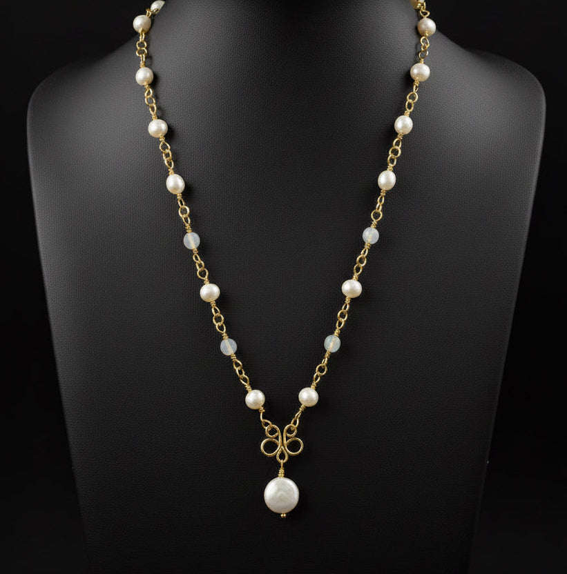 Freshwater Pearl and Moonstone Wire-wrapped Necklace