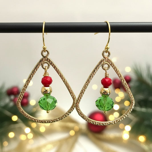 Earrings | Red and Green Faceted Crystals | 18K Gold-filled Ball Beads | 2"