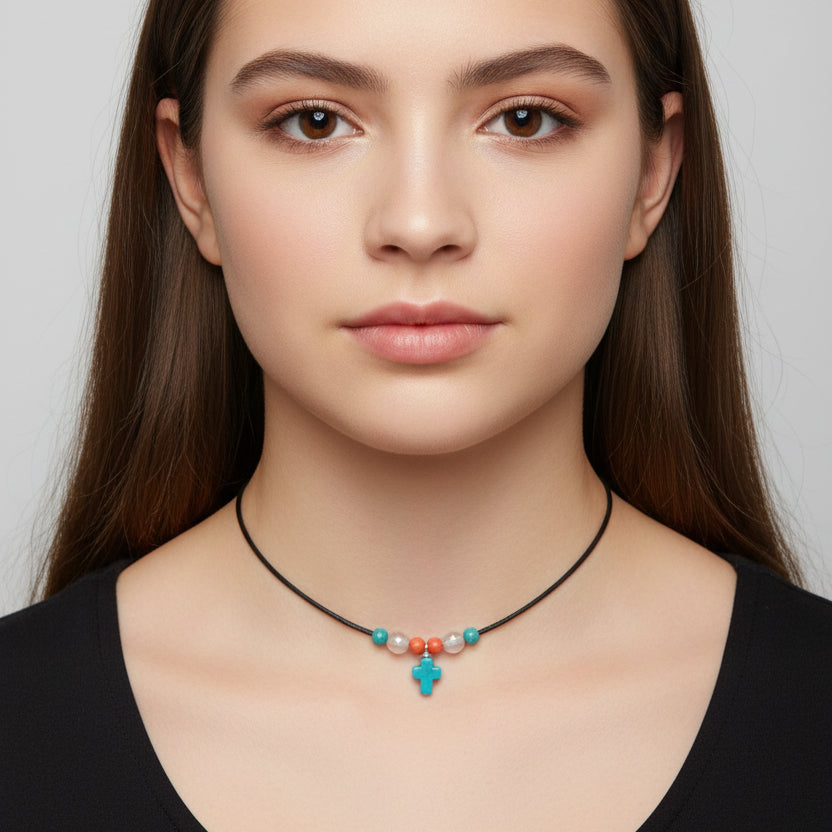 Necklace | Leather | Minimalist | Turquoise Magnesite Mini-Cross | Misty Agate Beads | Spiny Oyster | 14” | 2” Extension