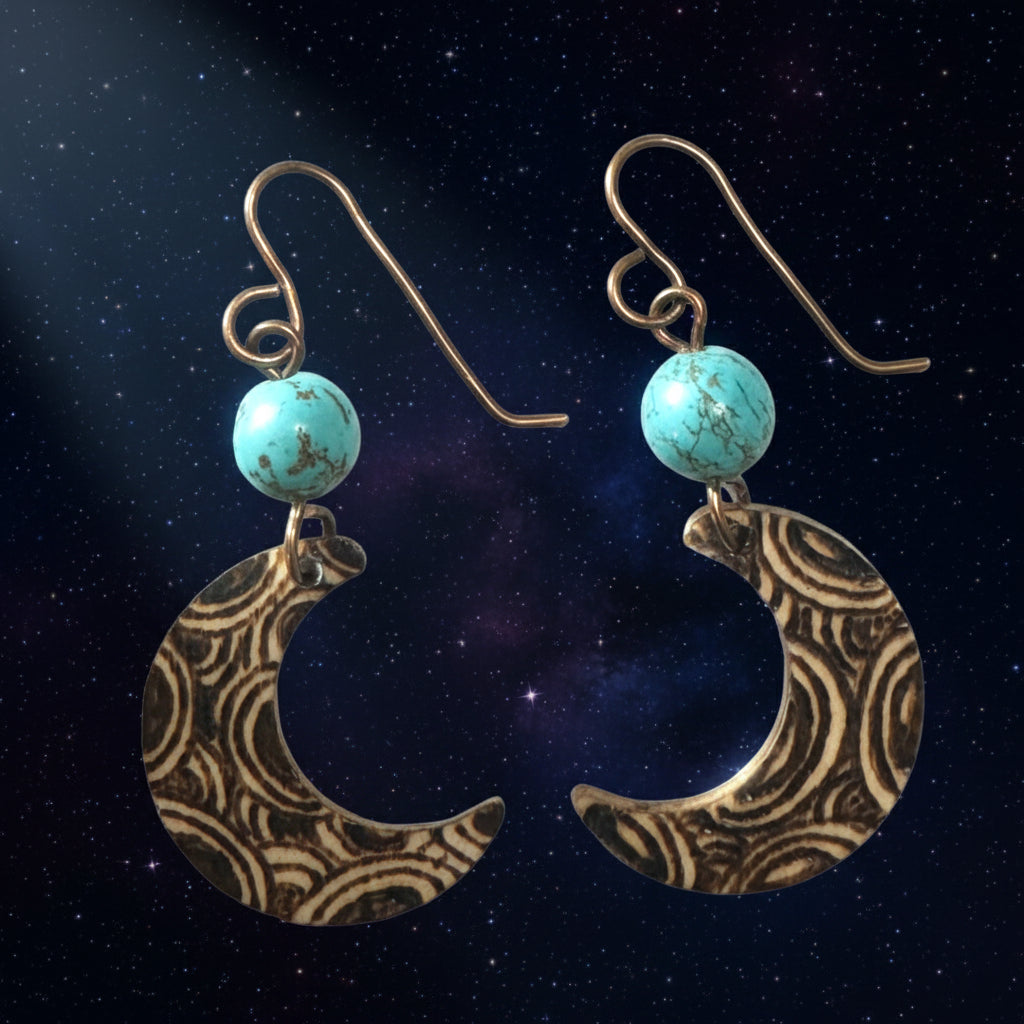 Earrings | Mangesite Turquoise | Zentangles | Moon-shaped | Wood-burned | Dangles | Small Size | 1.5"