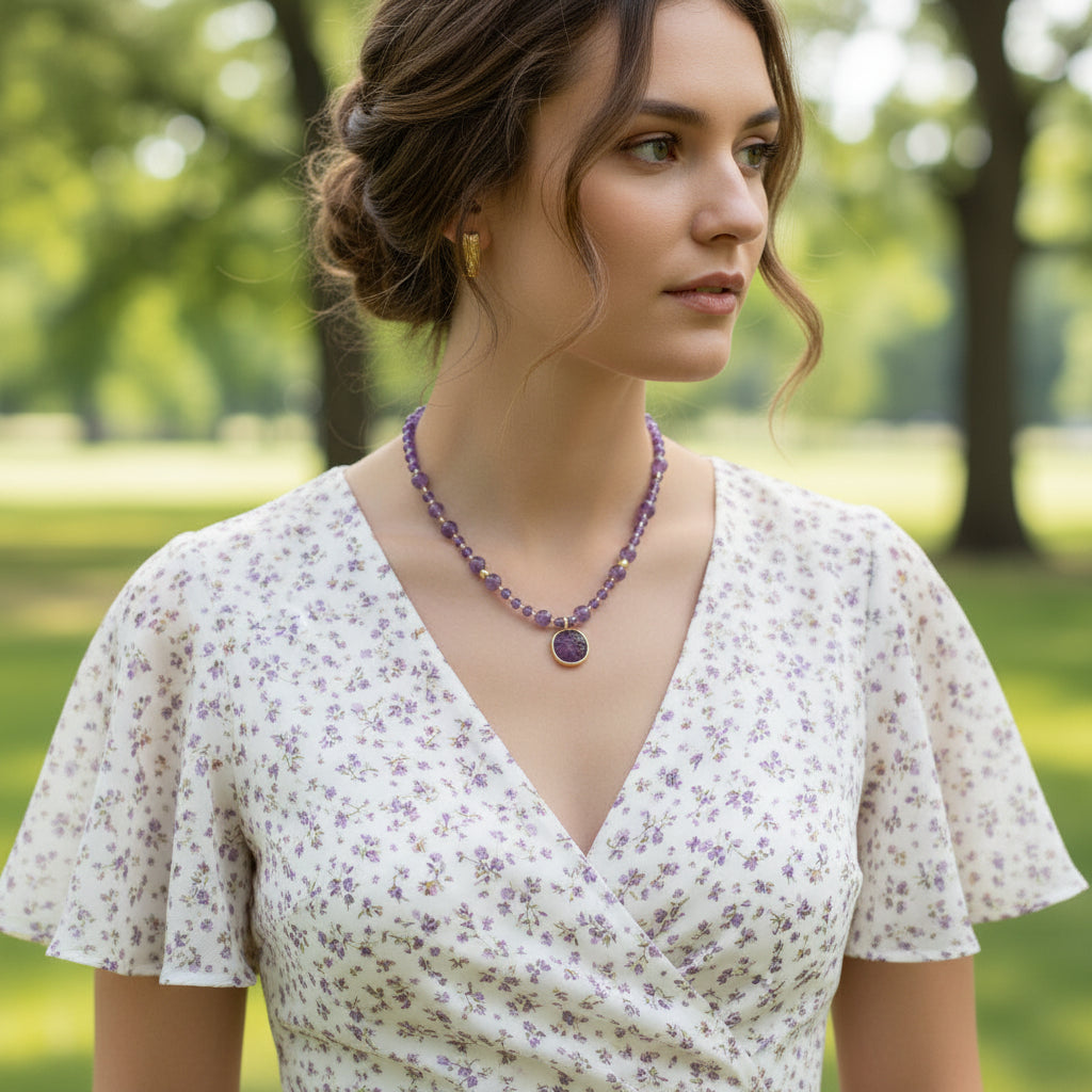 Dainty Purple Amethyst Necklace with a Carved Square Charm 16” with 2” Extension