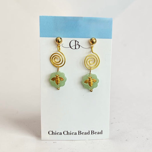 Earrings | Green Glass Bee Charm | Spiral Connector | 18K Gold-Plate |Post | 1.24"