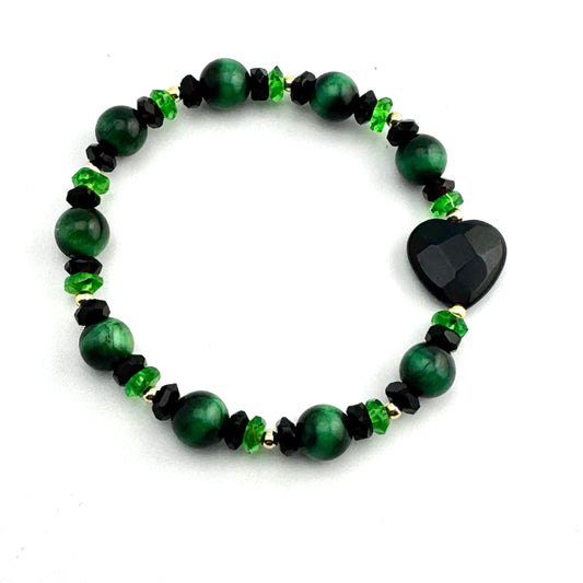 Green Tigereye Gemstones | Black Onyx | Crystals | Faceted Onyx Hearts | 18K Gold-filled Ball Beads