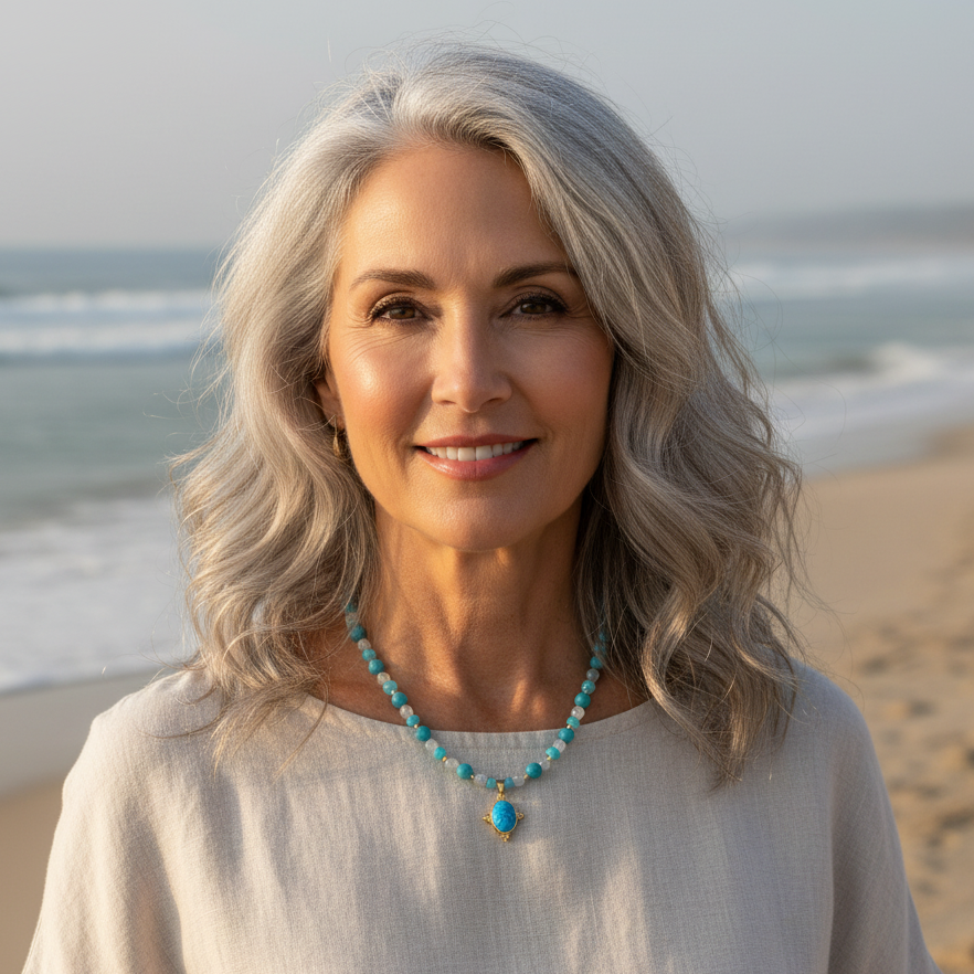 Turquoise Jade, Turquoise Faceted Glass Beads, and White Quartz Necklace Featuring a Carved Gemstone set in a 18K Gold-filled Bezel 16” with a 2” Extension