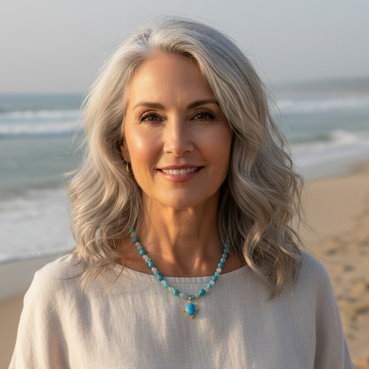 Turquoise Jade, Turquoise Faceted Glass Beads, and White Quartz Necklace Featuring a Carved Gemstone set in a 18K Gold-filled Bezel 16” with a 2” Extension