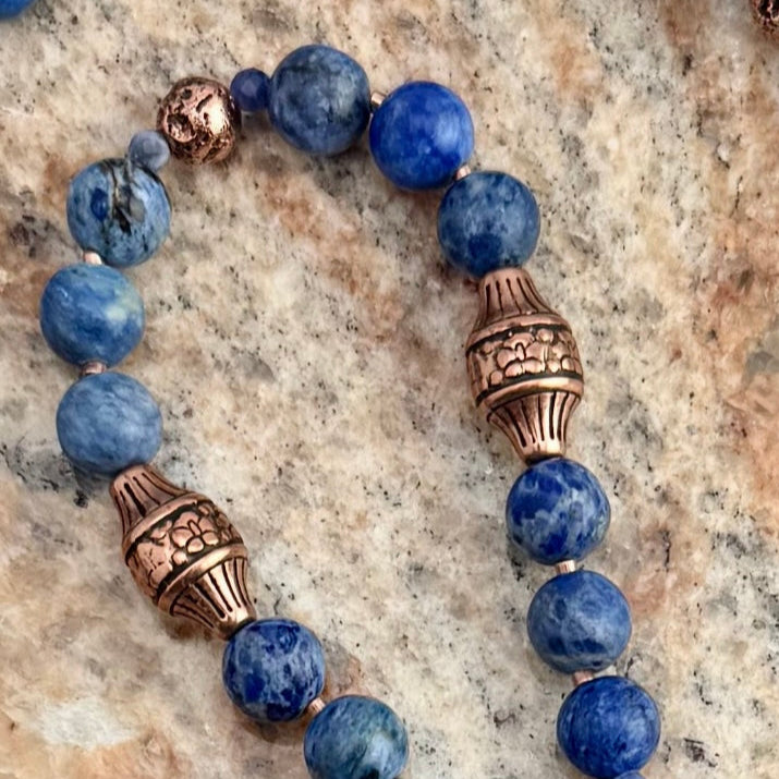 Necklace | Sodalite Gemstones | Tree of Life Coconut Pendant | Copper-plated Accents | 18"