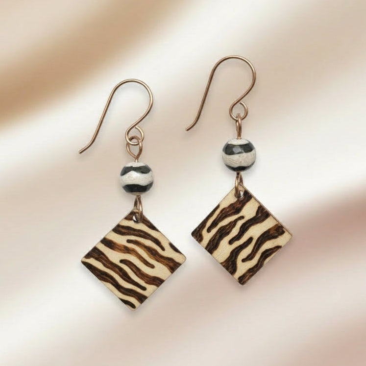 Earrings | Zentangles |  Diamond Shape | Zebra Design | Wood-burned | Zebra agate Gemstones | Small Size | 1.5"