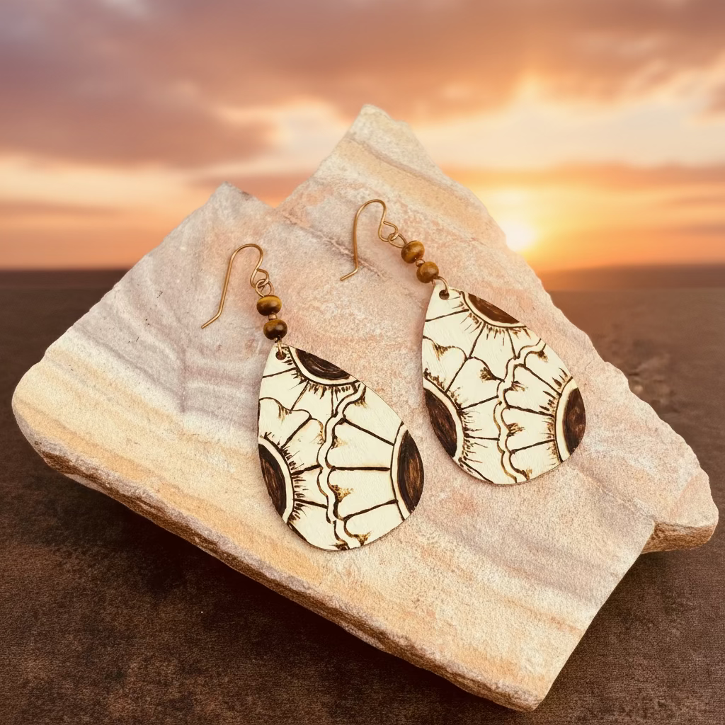 Earrings | Teardrops | Zentangled Sunflowers | Woodburned |Tigereye Gemstones | 3"