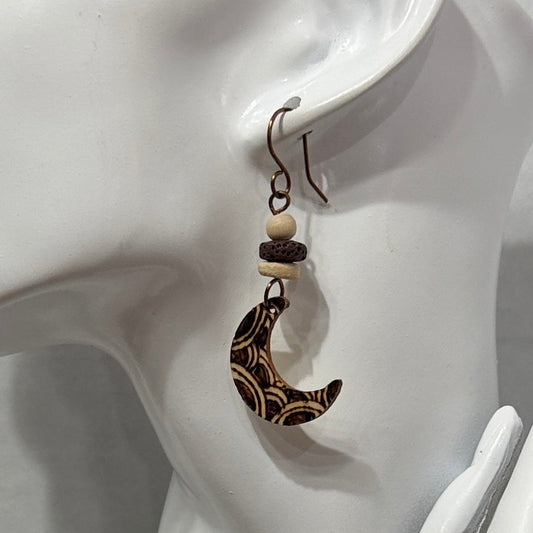 Earrings | Moon Shape | Wood-burned | Small | Lava Stone | 2.25