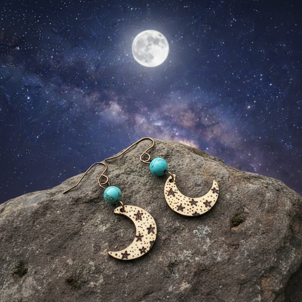 Earrings | Moon Shape| Zentangles | Woodburned | Magnesite Tourquoise | 1.5”