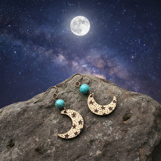 Earrings | Moon Shape| Zentangles | Woodburned | Magnesite Tourquoise | 1.5”