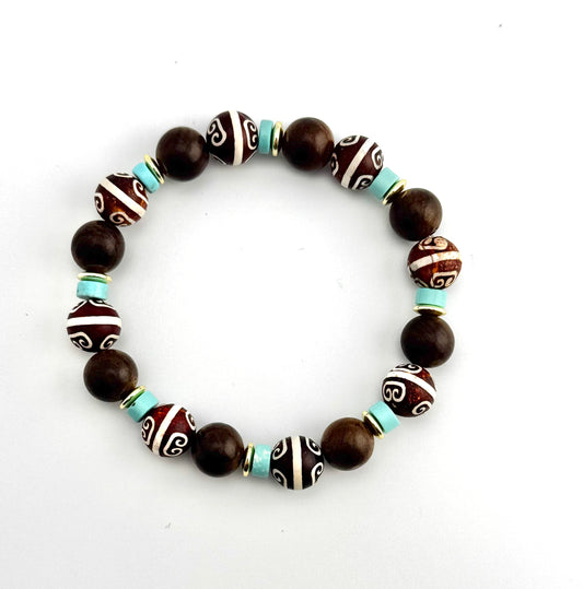 Handpainted Gemstone | Turquoise Magnesite | Brown Wooden Beads  | Gold-plated Saucers