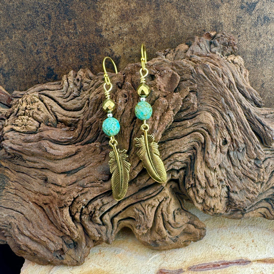 Magnesite Turquoise & Gold Feather Earrings 2.5" I