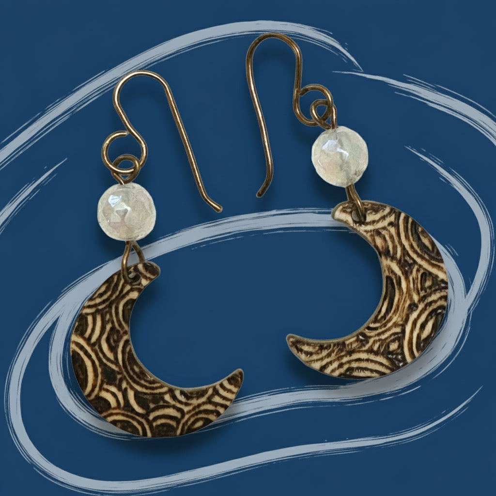 Earrings | Zentangles | Moon-shaped | Wood-burned | Dangles | Moonstone Gemstones | Small Size | 1.5"