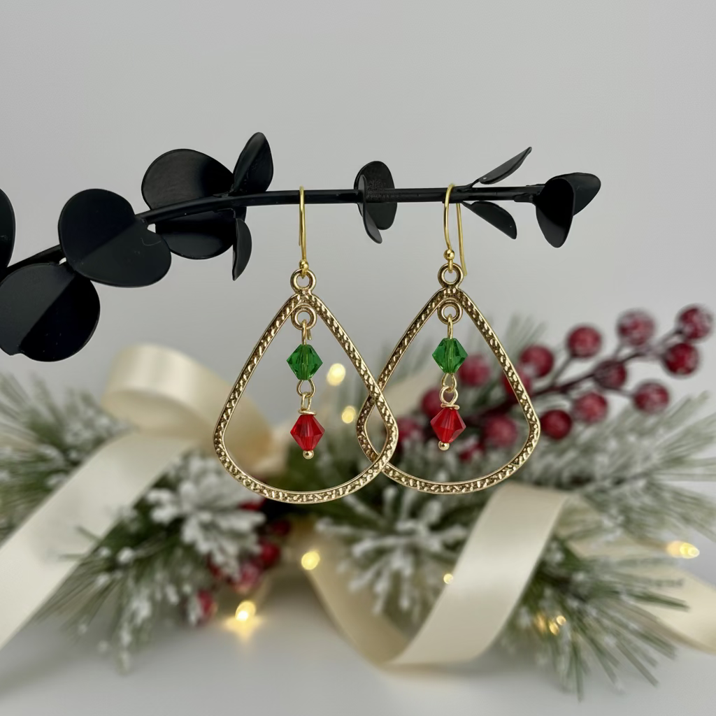 Earrings | Hammered Gold-plated Frame |Red and Green Swarvoski Crystals | Christmas | 2"