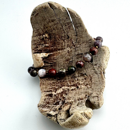 Bracelet | Red Lightning Agate Gemstones | Bronze Seed Beads | Stretch