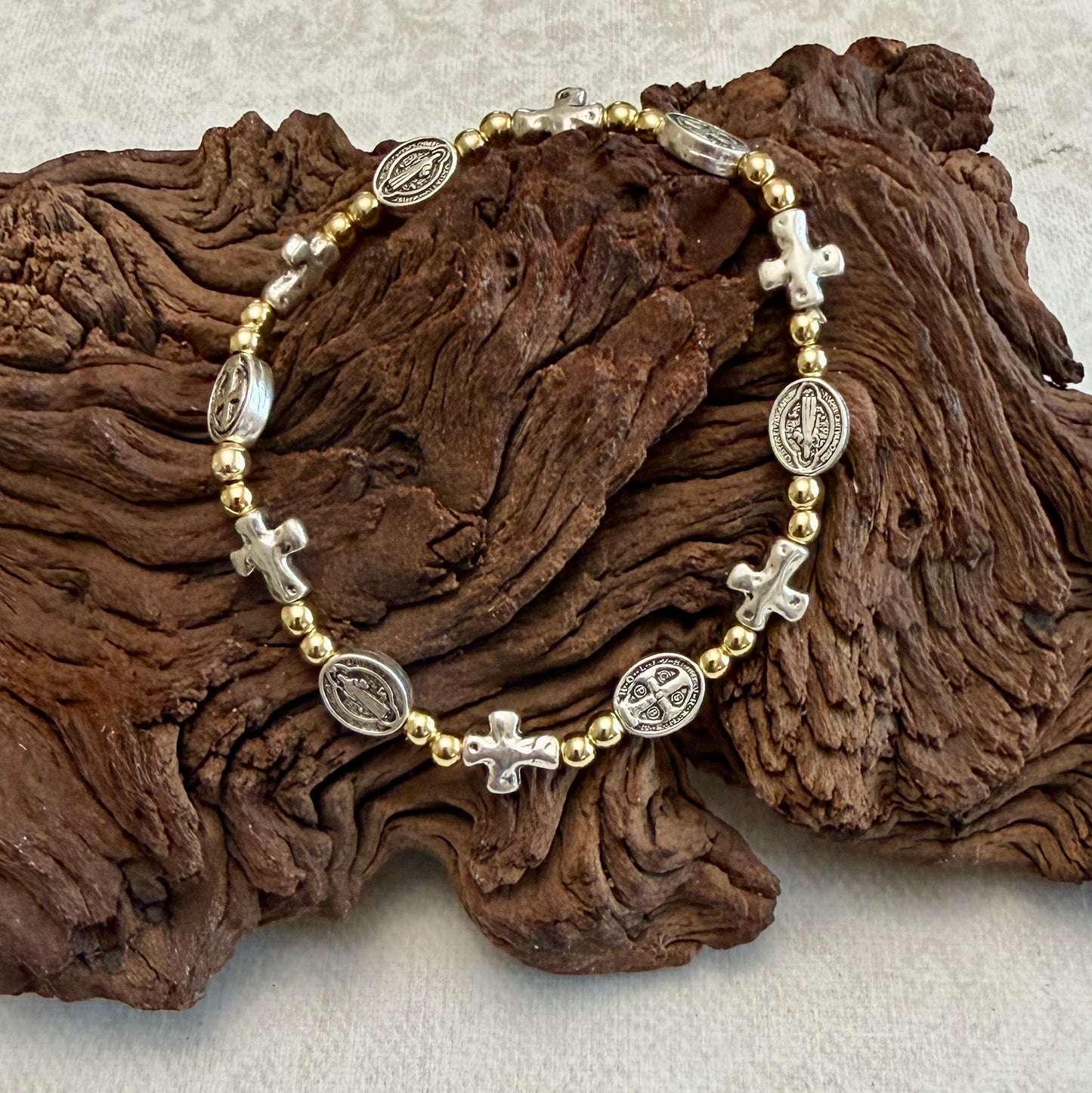 Bracelet | Religious Oval | Mini-Cross | 18K Gold-Filled Beads | Antique Silver | Stretch
