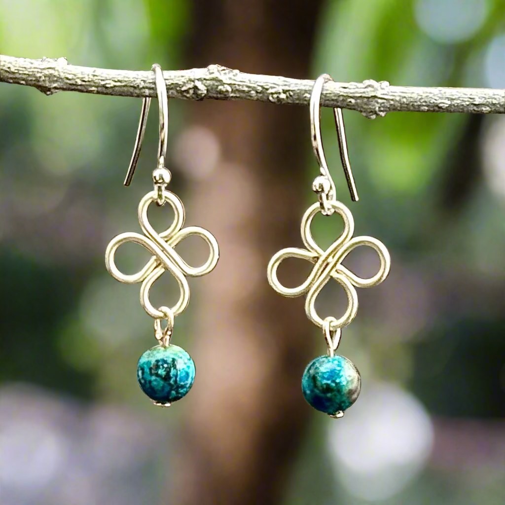 Earrings | Wire-Wrapped Clover Designs | Silver-plated | Turquoise Gemstones | 1.5"