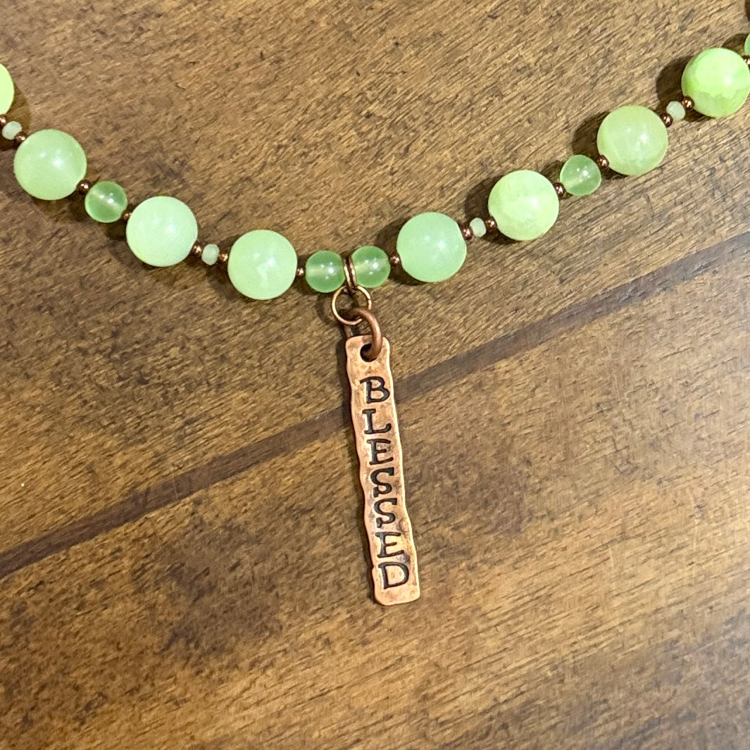 Green Chalcedony Gemstone and Copper Necklace with Blessed Pendant | 19”