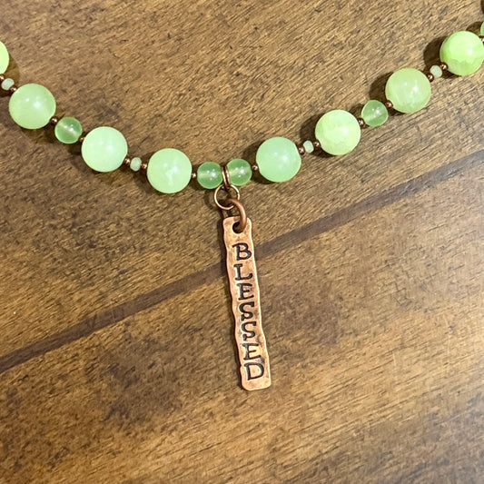 Green Chalcedony Gemstone and Copper Necklace with Blessed Pendant | 19”