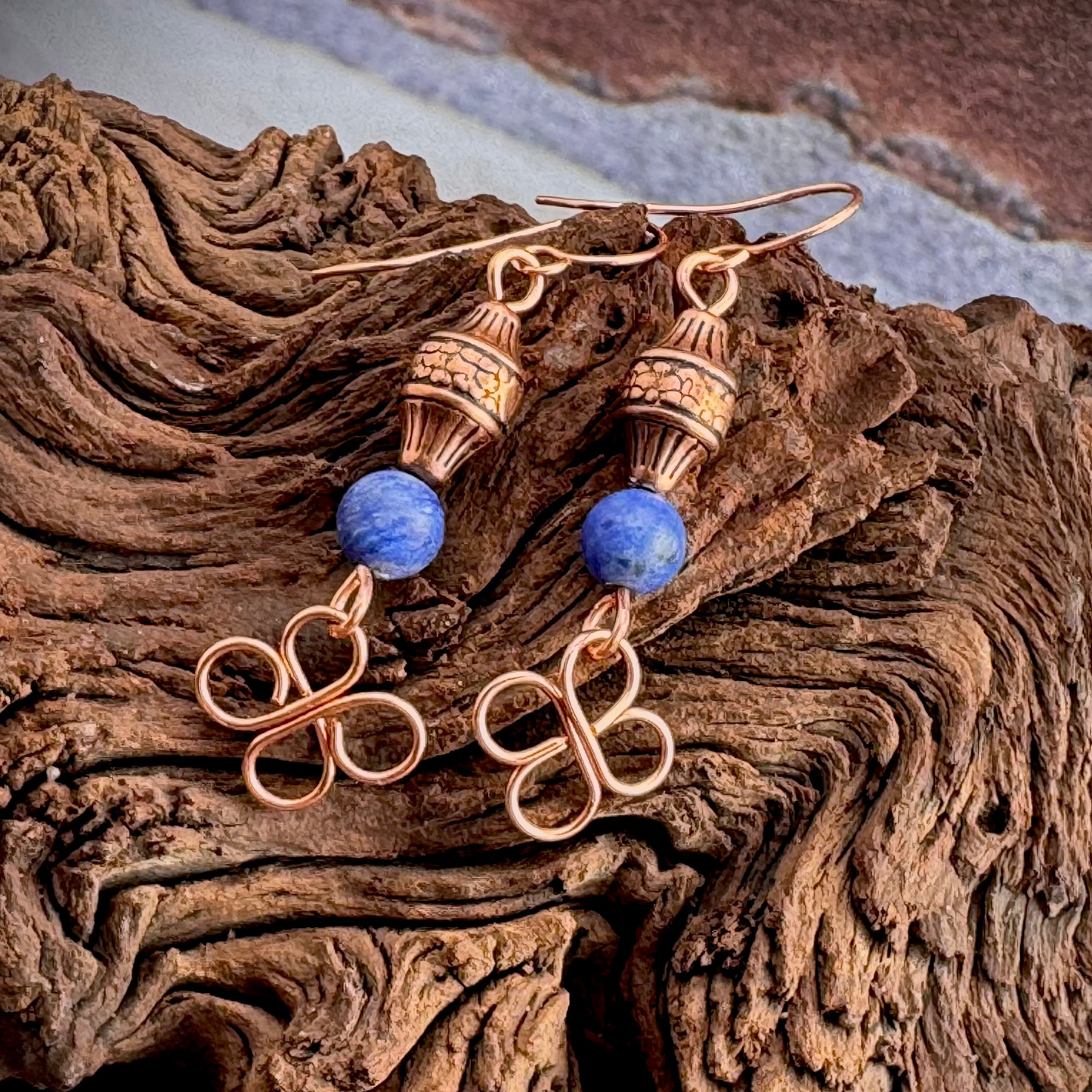 Earrings : Sodalite Gemstones |  Wire-Wrapped Clover Designs | Copper-plated Decorative Beads | 2.5"