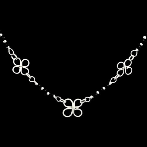 Necklace | Onyx Gemstones | Silver-plated | Wire-Wrapped Clover Designs | 16”