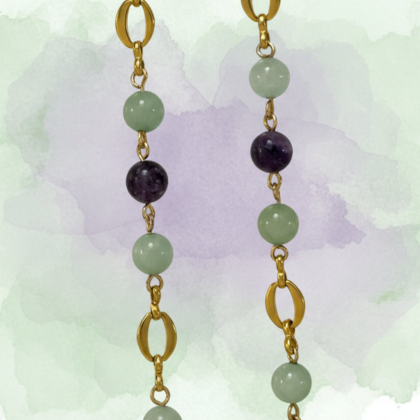 Necklace | Amethyst & Jade Slice Pendant | 18K Matte Gold Chain Links | 15"