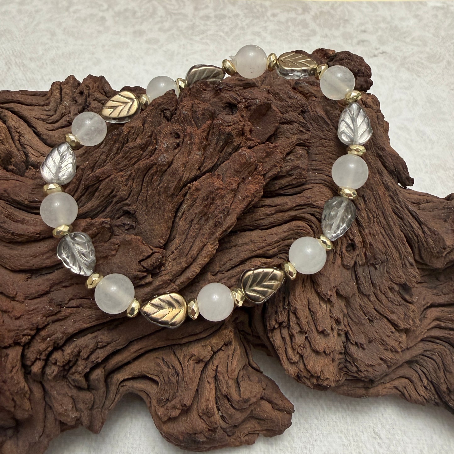 Bracelet | Czech Beads | Gold and Silver Leaves | Moonstone | Silver-Plated Discs | Stretch