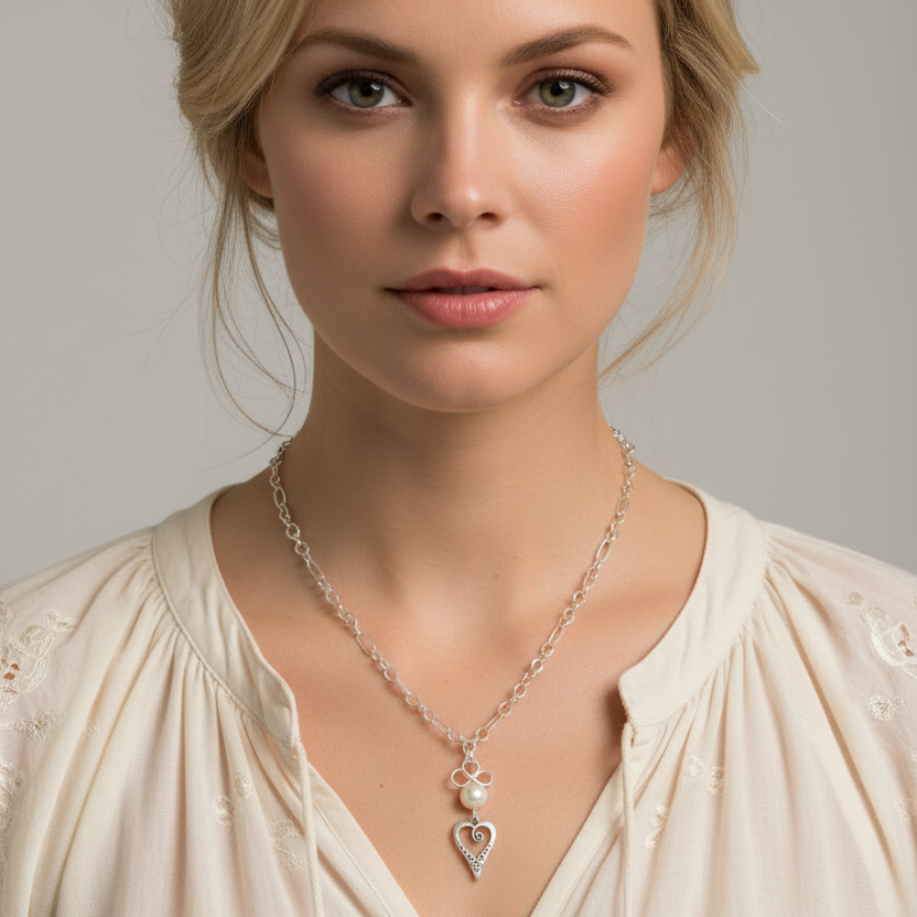 Necklace | Chain | Antique Silver Open Heart Charm | Handmade Pendant | Faceted Glass Pearl |  16”