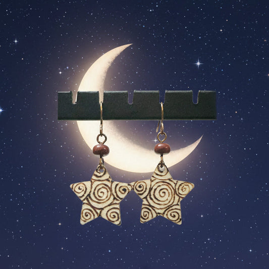 Earrings | Zentangles | Star Shape | Swirl Design | Wood-burned | Small Size | 1.5"