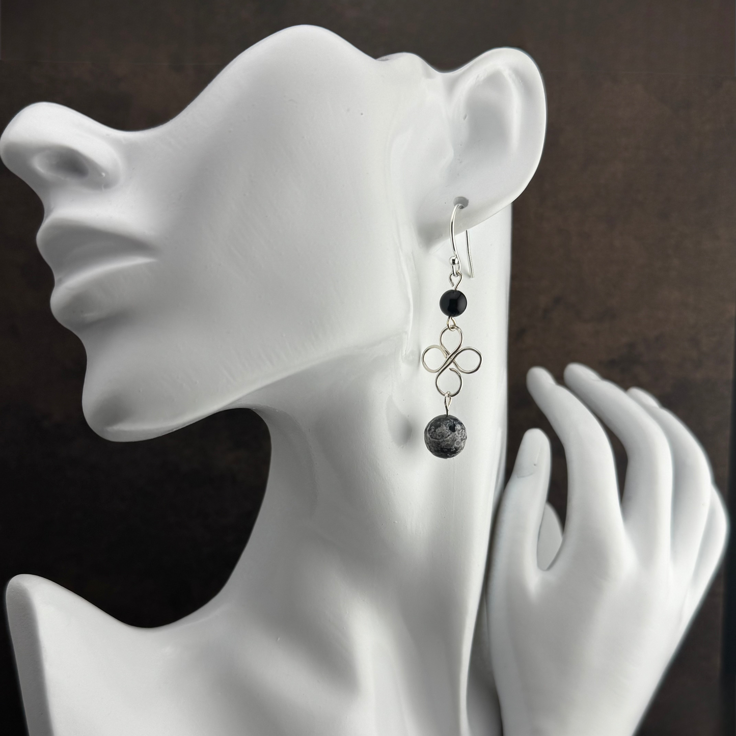 Earrings | Gray and Black Onyx Gemstones| Drop & Dangle | Clover | 1.75"