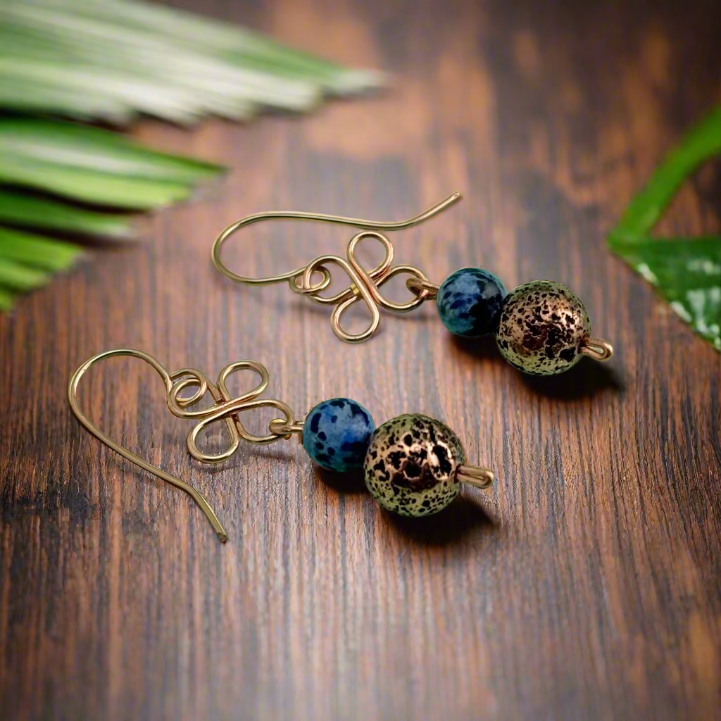 Earrings : Sodalite Gemstones |  Wire-Wrapped Clover Designs | Copper-plated Lava Rocks | 2"