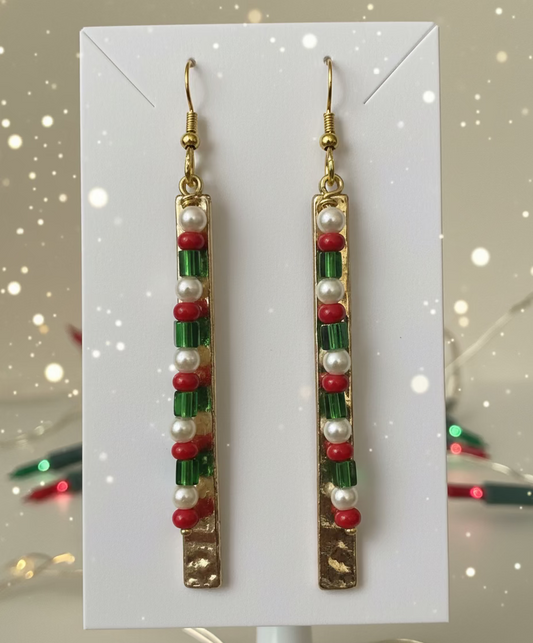 Earrings | Gold-played Hammered Bar | Red & Green Seed Beads | Glass Pearls | 3.25"