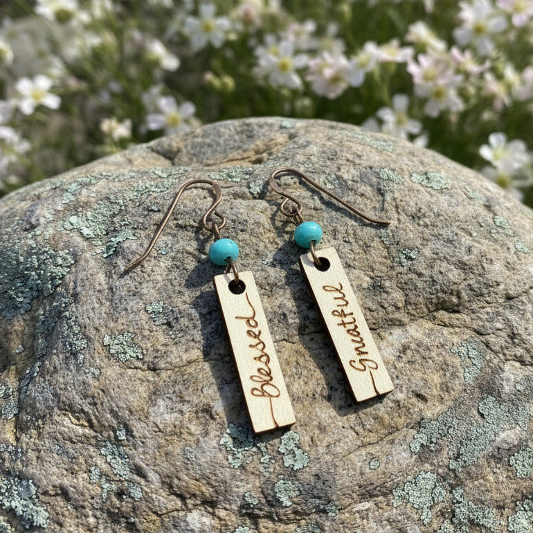 Earrings | Zentangles | Rectangle Shape  | Blessed Design | Wood-burned | Czech Beads | Small Size | 1.5"