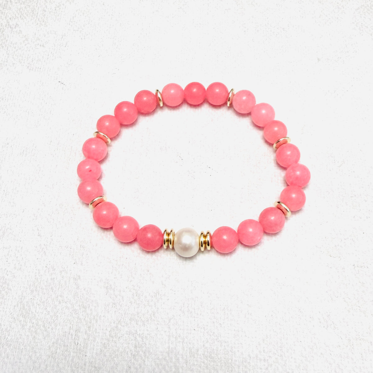 Bracelet | Freshwater Pearl | Coral Jade Gemstones | 18K Gold-plated Saucer beads | Stretch