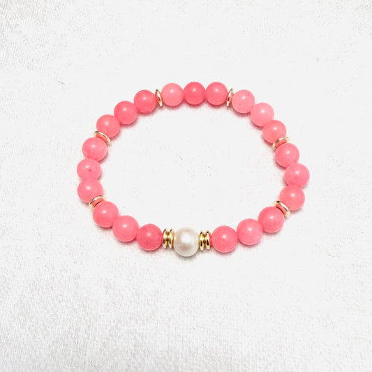 Bracelet | Freshwater Pearl | Coral Jade Gemstones | 18K Gold-plated Saucer beads | Stretch