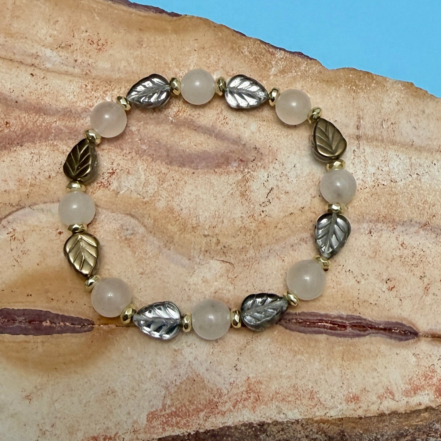 Bracelet | Czech Beads | Gold and Silver Leaves | Moonstone | Silver-Plated Discs | Stretch