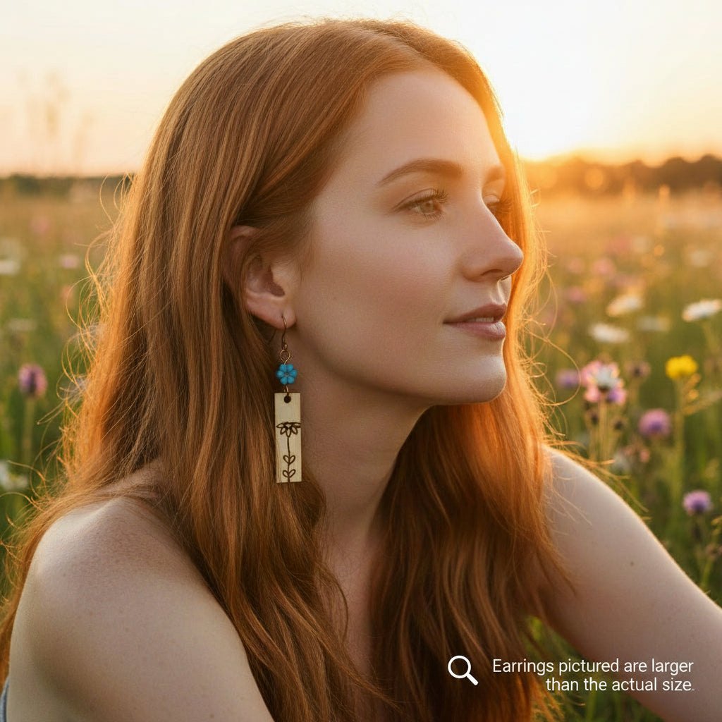 Earrings | Zentangles | Rectangle-shaped | Flower Design | Wood-burned | Czech Flower Beads| Small Size | 1.5"