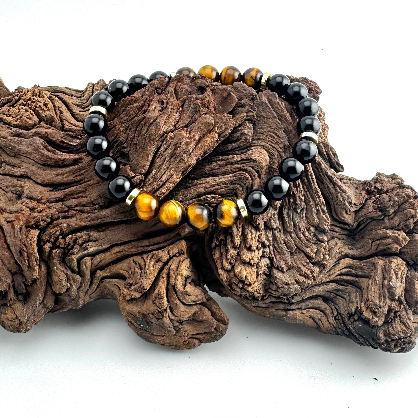 Golden Tigereye Gemstones | Black Onyx Gemstones | 18K Gold-plated Discs | Stretch Bracelet